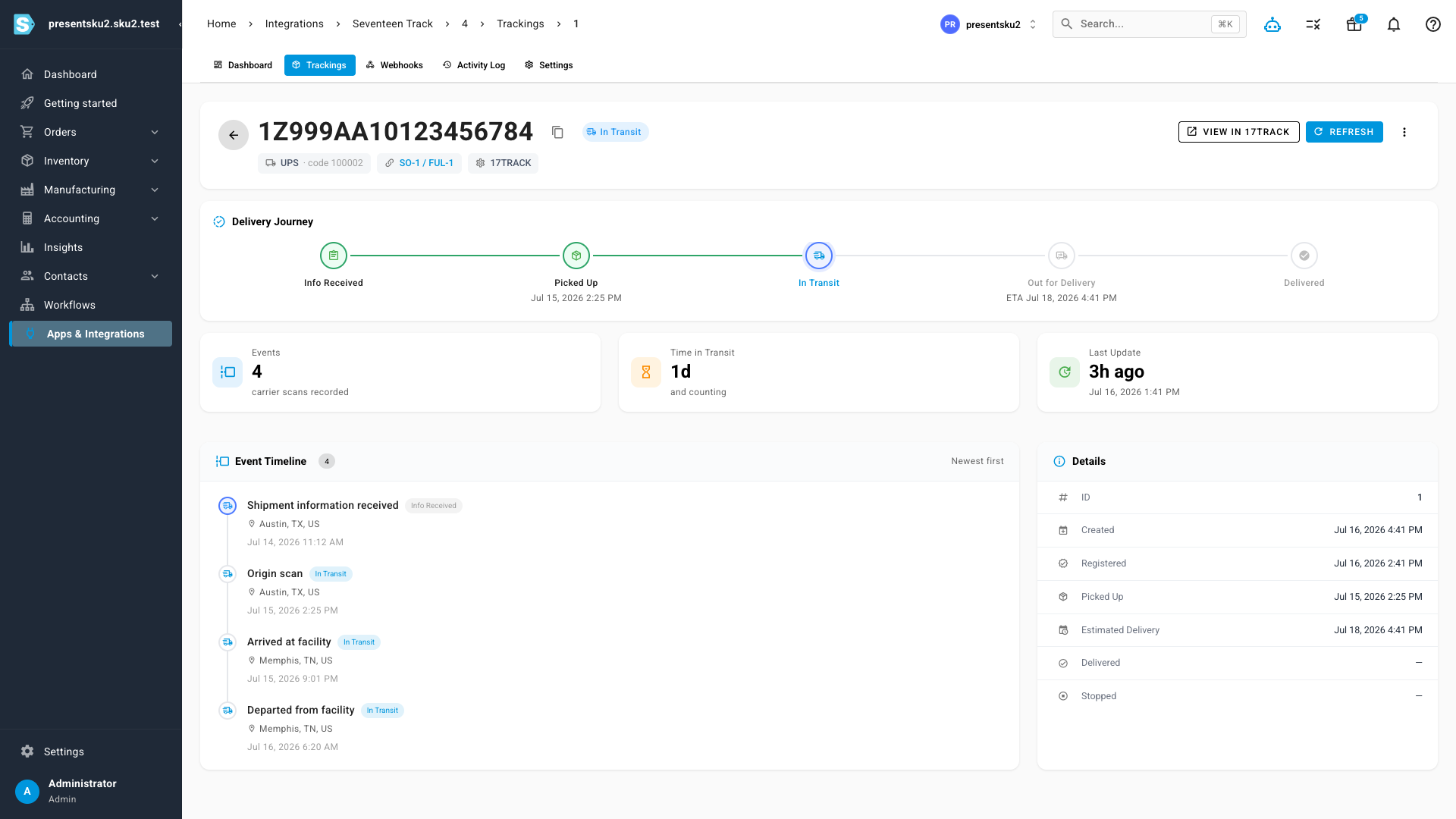 A tracking detail page with the Delivery Journey stepper, event timeline, and transit stats