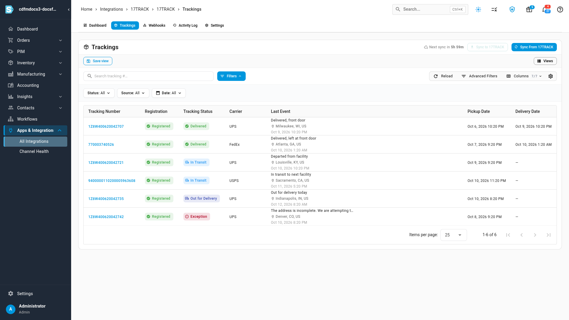 The Trackings tab