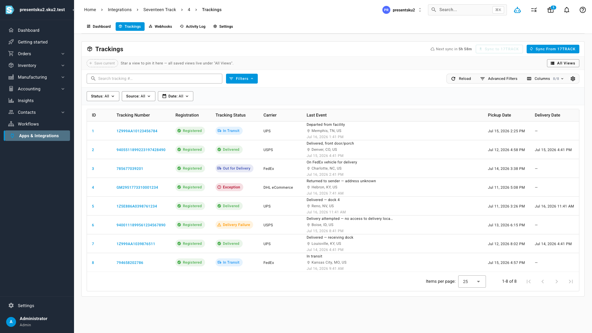 The Trackings workspace listing shipments across entity types with live delivery-status chips, carriers, and latest events