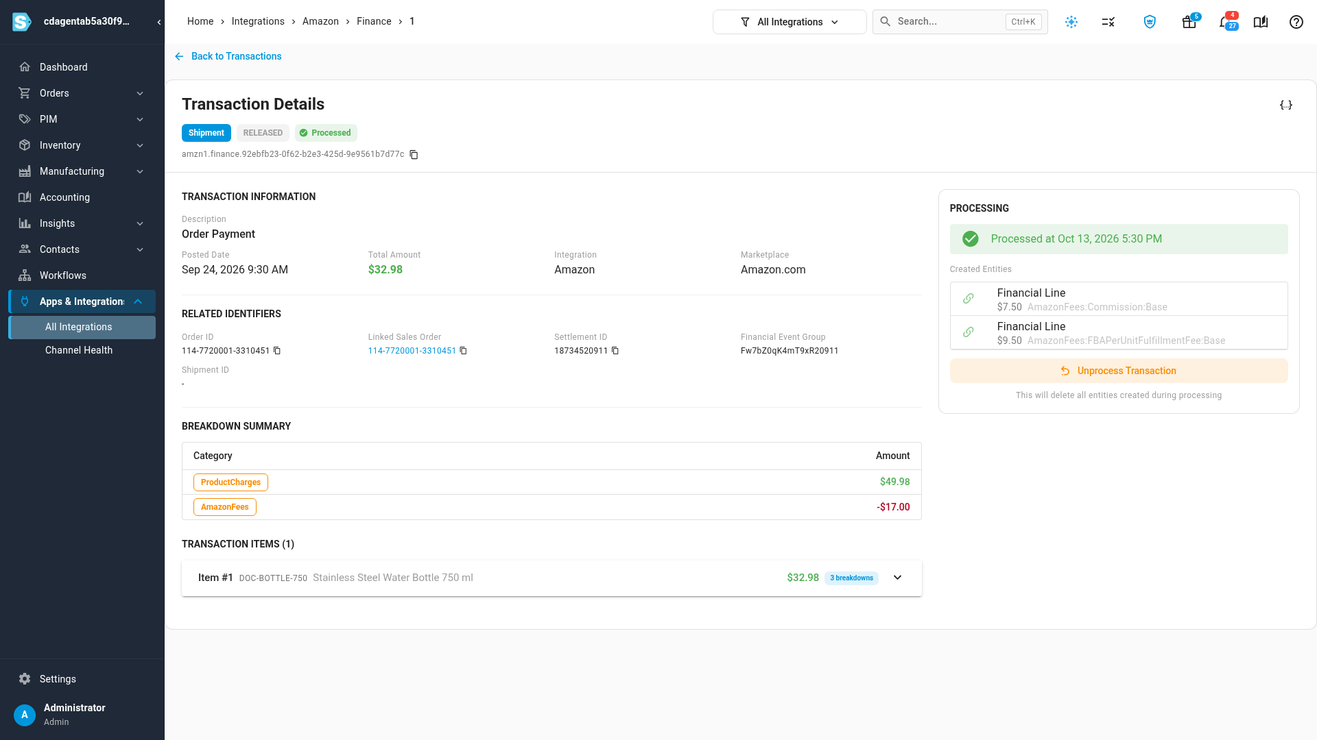 A processed transaction, with the two cost lines it added to the sales order