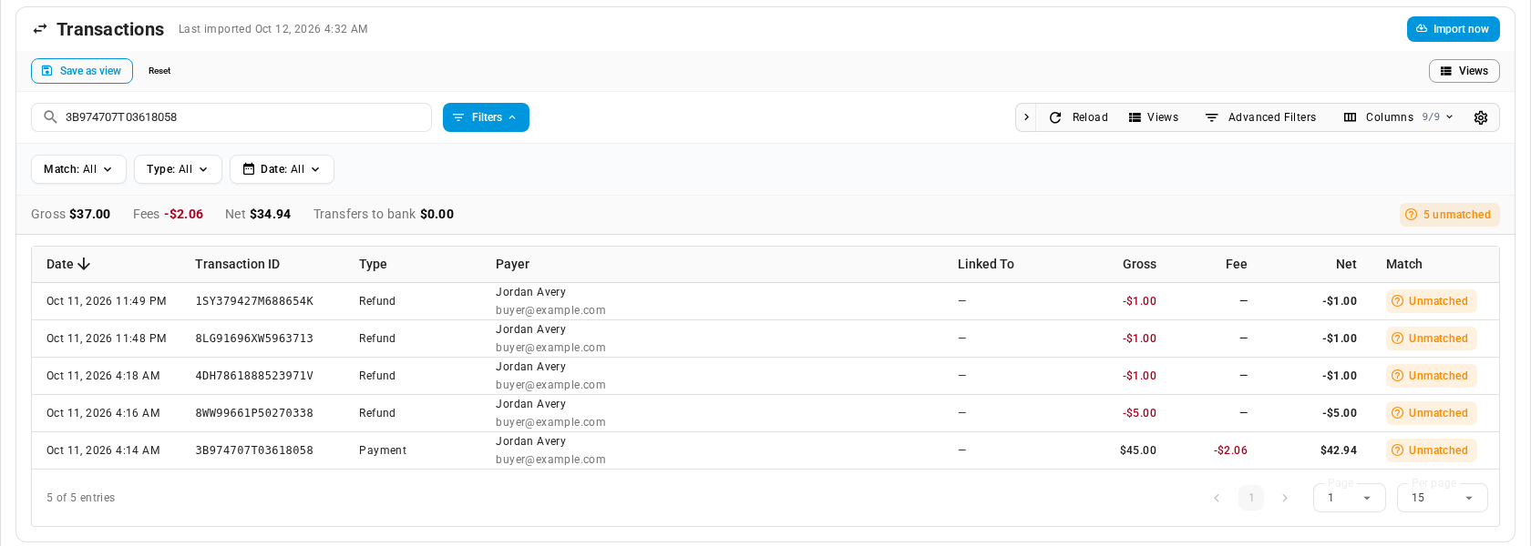 The Transactions tab searched for one Transaction ID: a $45.00 Payment and four refunds of it, each marked Unmatched in the Match column