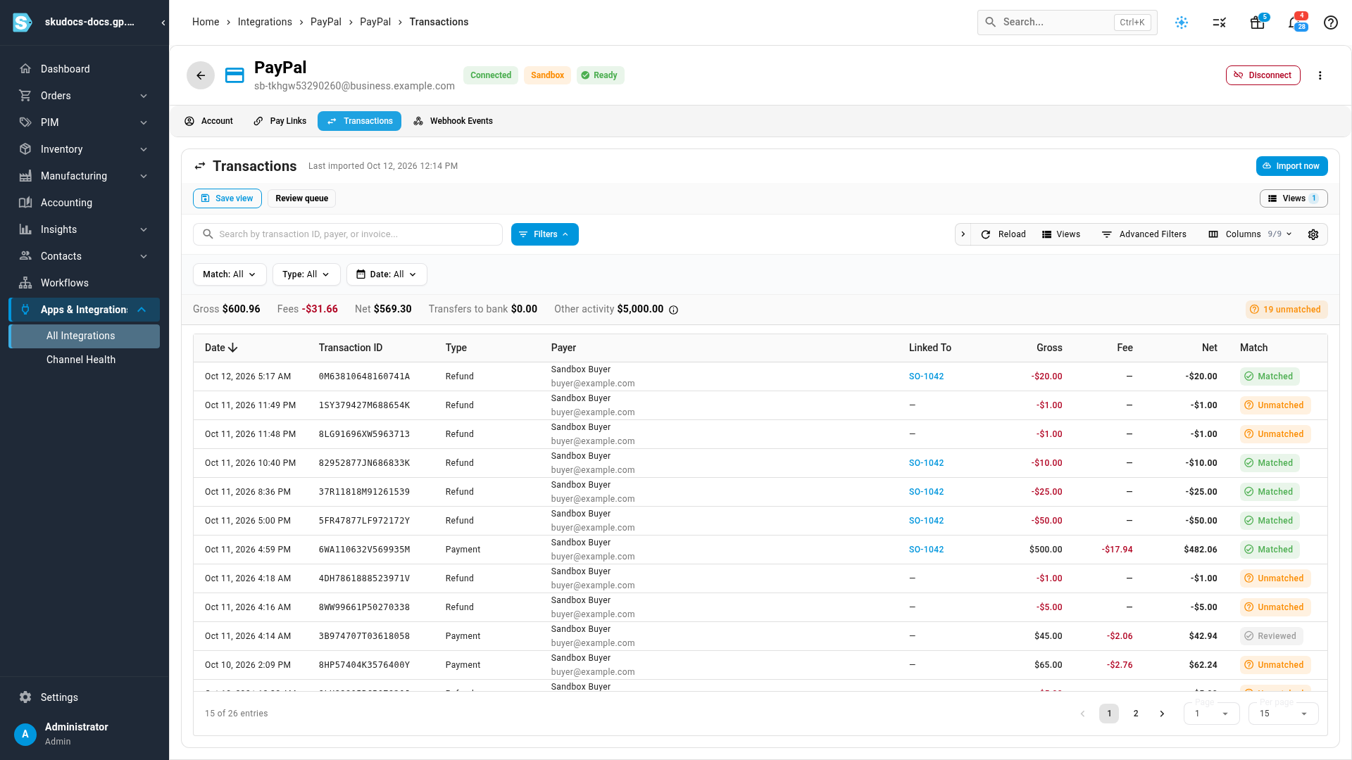 The Transactions tab of a PayPal account: the Import now button, the totals strip with Gross, Fees, Net, Transfers to bank and Other activity, a 19 unmatched chip, and a table of payments and refunds, with Matched rows linked to SO-1042 among Unmatched ones and one Reviewed row
