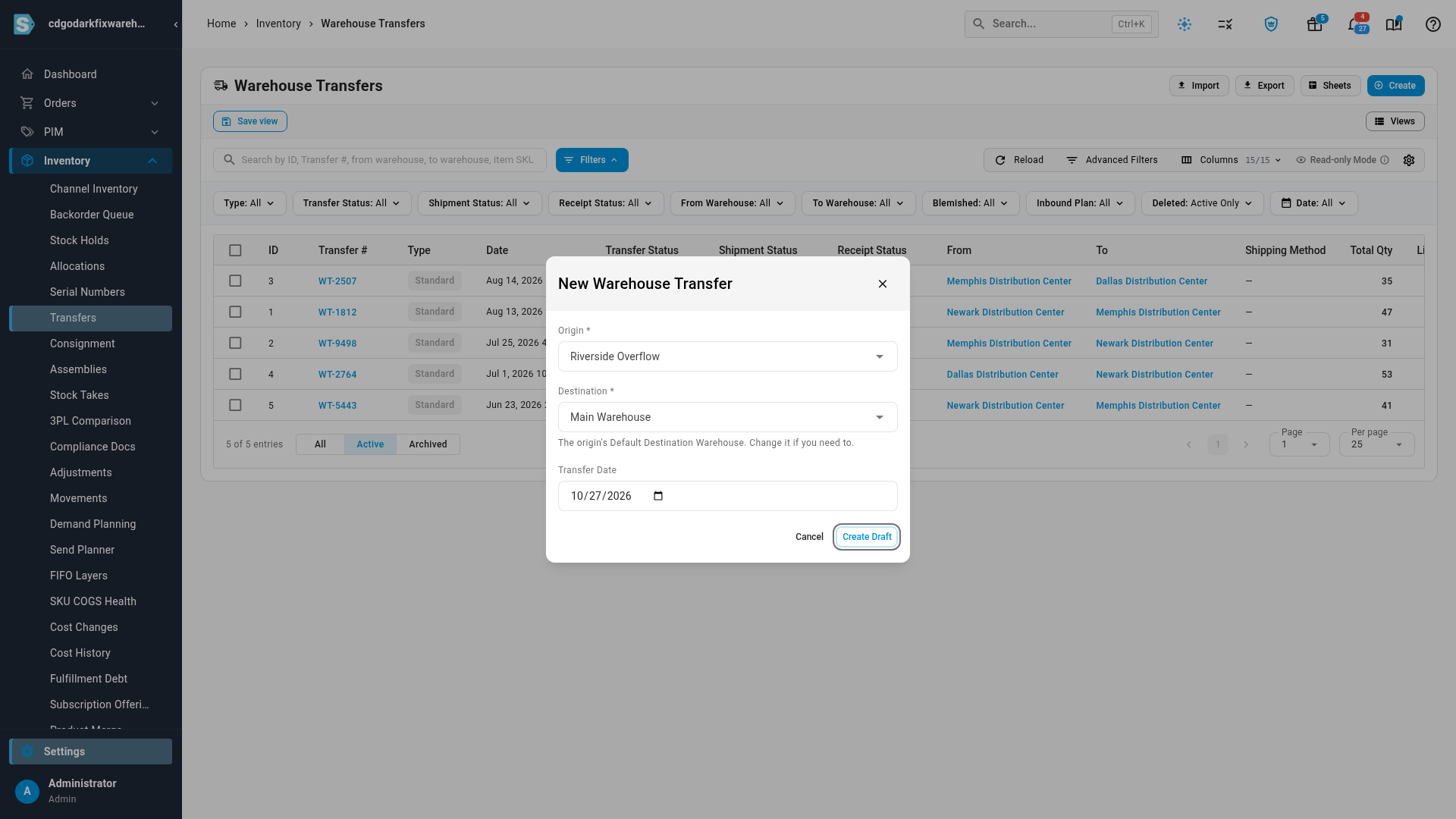 The New Warehouse Transfer dialog, with Destination filled in from the origin's Default Destination Warehouse