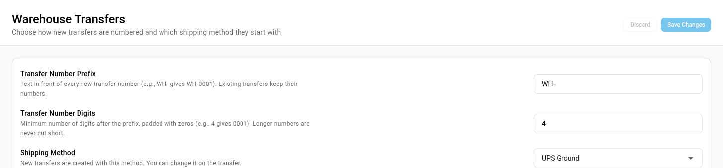 The Warehouse Transfers settings page with Transfer Number Prefix, Transfer Number Digits and Shipping Method