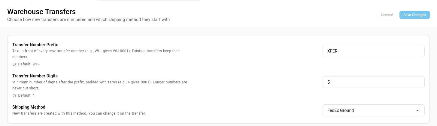 The settings after the change: prefix XFER-, 5 digits, and FedEx Ground