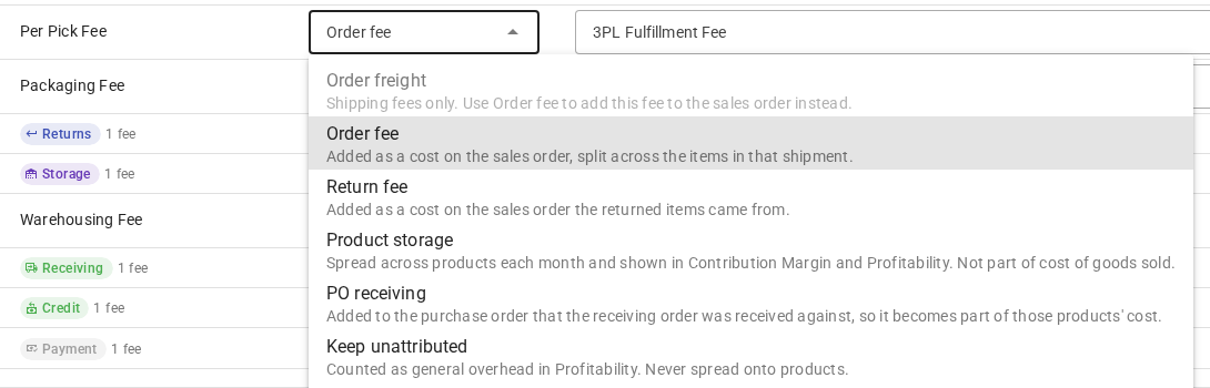 The Treatment list open on the Per Pick Fee row: Order freight is unavailable with its reason, and every other treatment shows its description