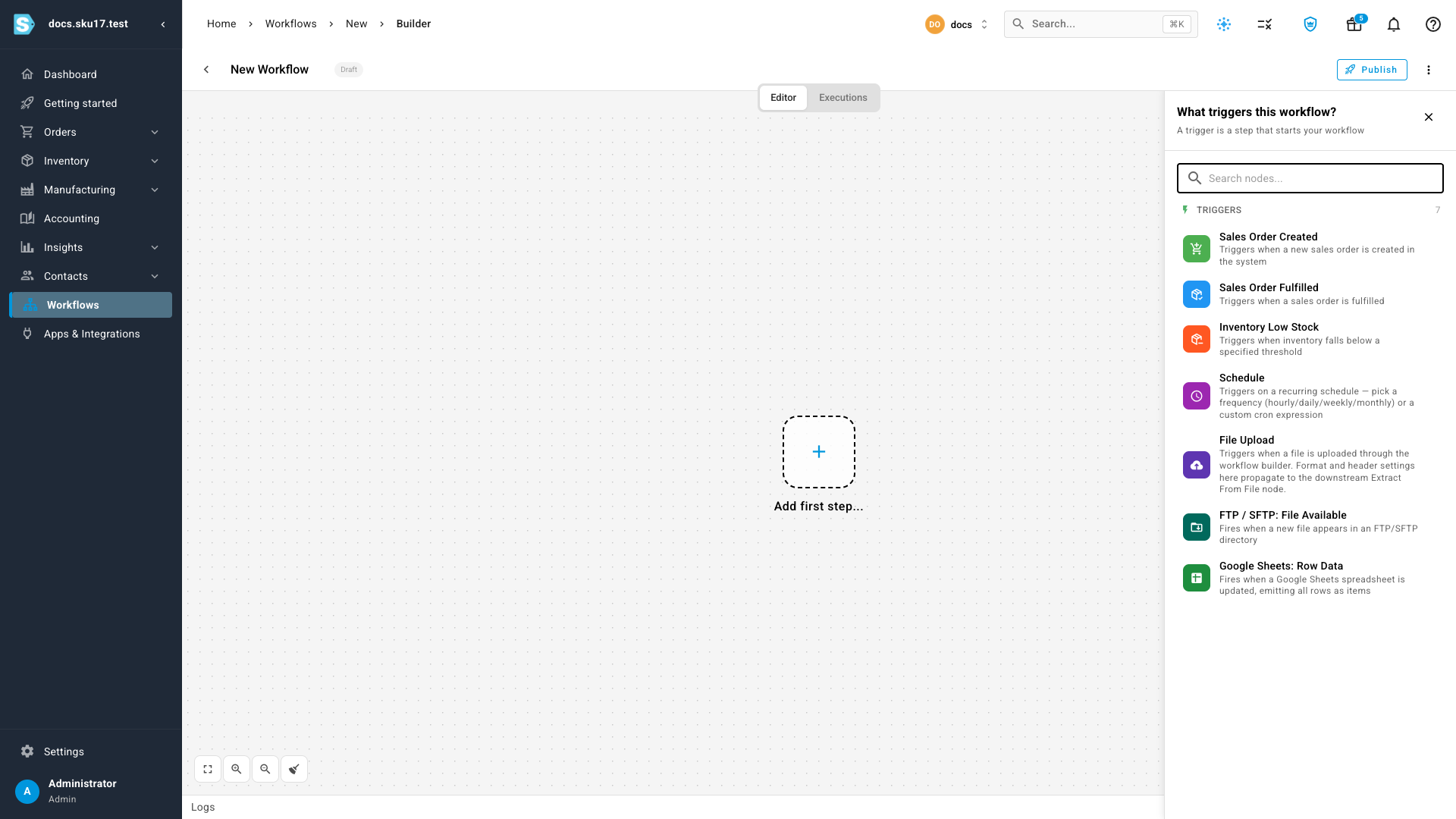The node palette showing the available triggers, including Schedule