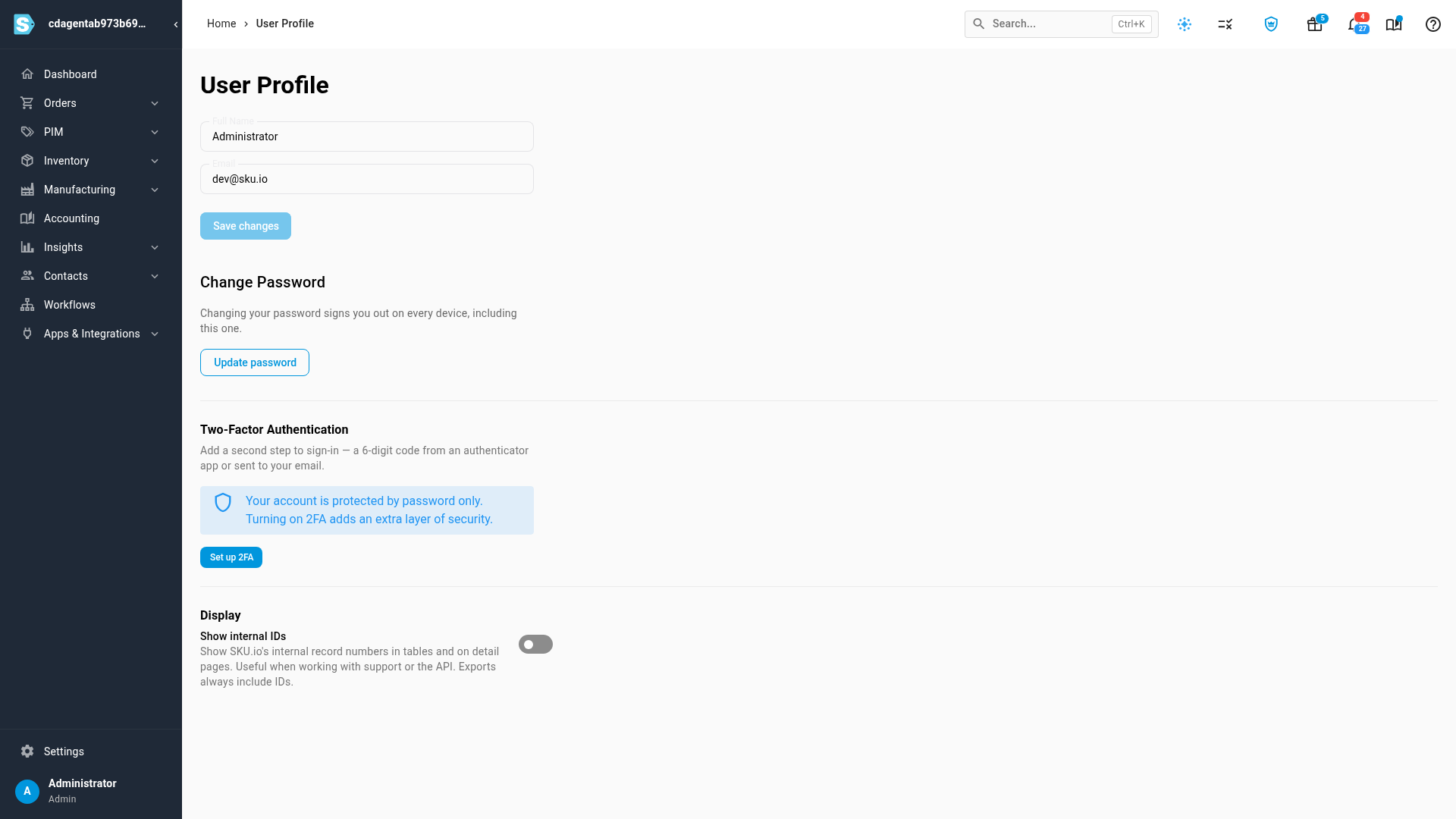The Two-Factor Authentication and Display sections