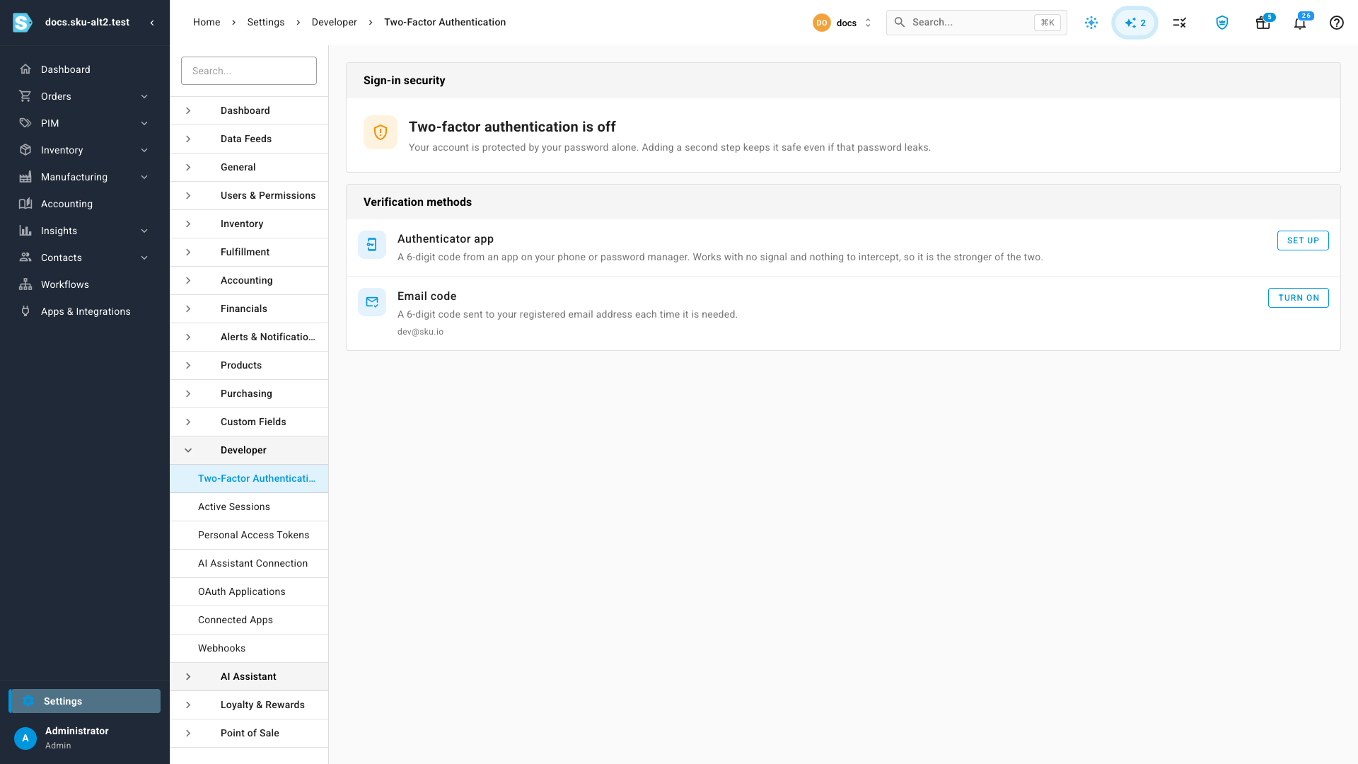 The Two-Factor Authentication page showing the sign-in security card reading two-factor authentication is off, and a verification methods card listing Authenticator app and Email code