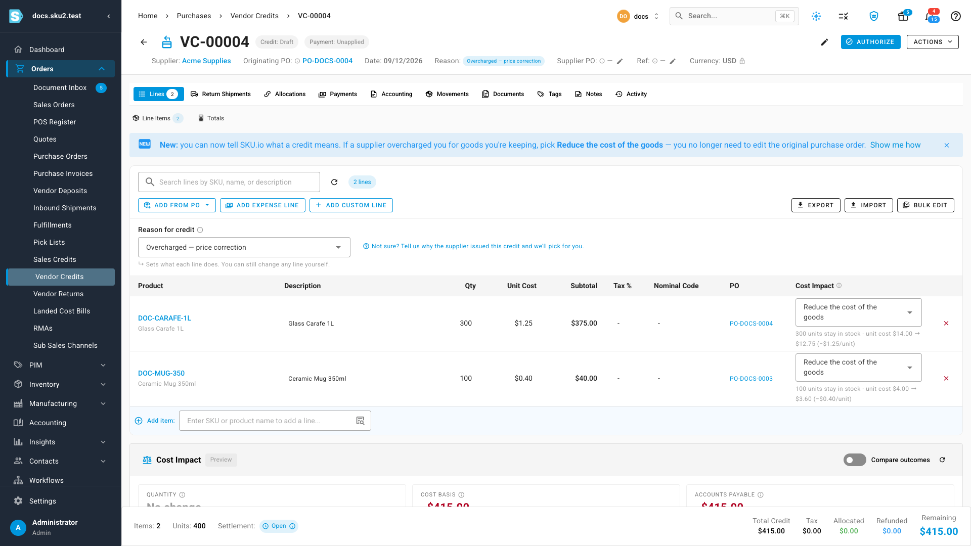Lines from two purchase orders on one credit, each showing its order in the PO column
