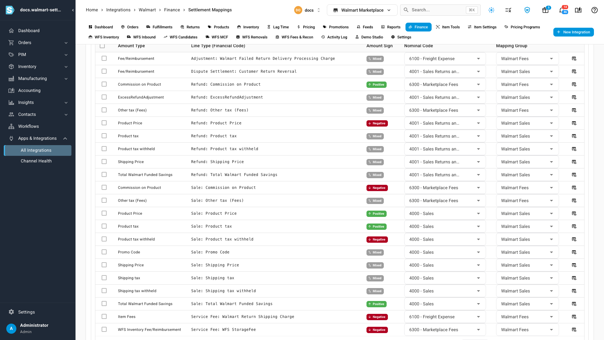 Type mappings for Walmart report lines