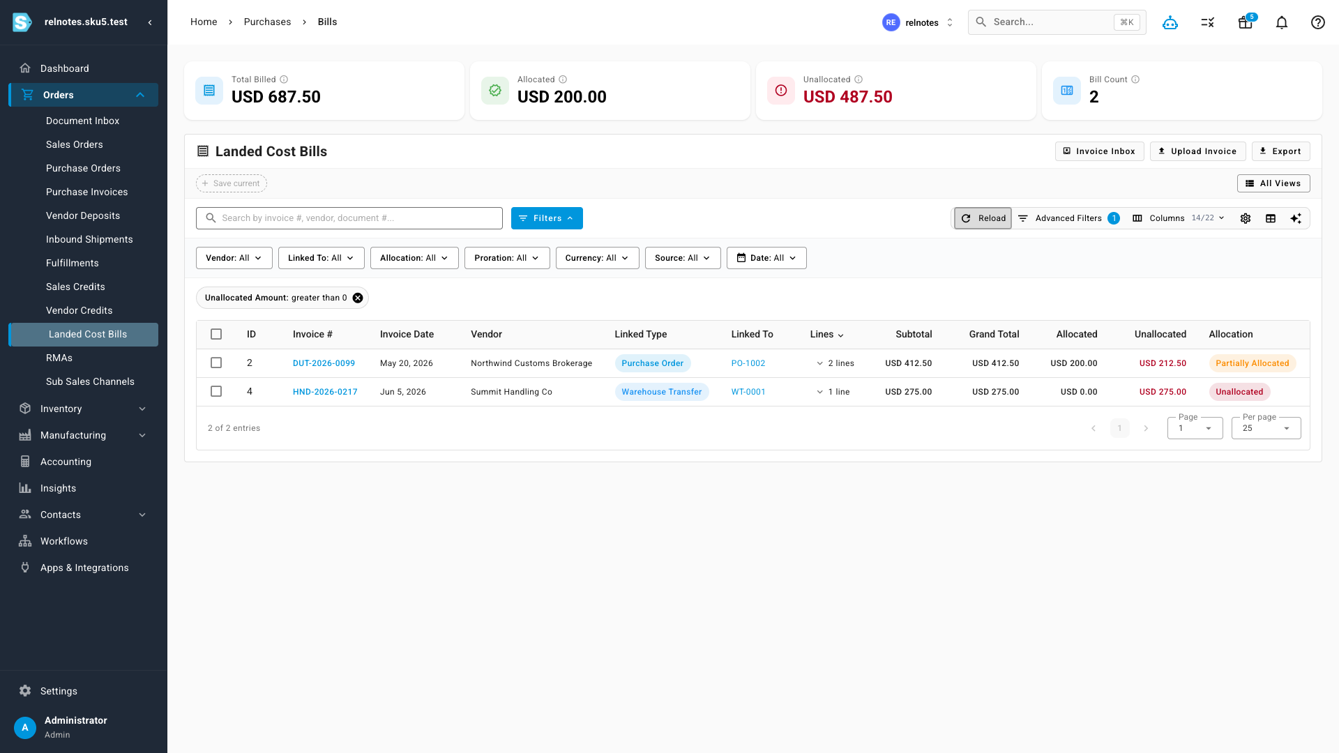 The table filtered to unallocated bills after clicking the Unallocated summary card