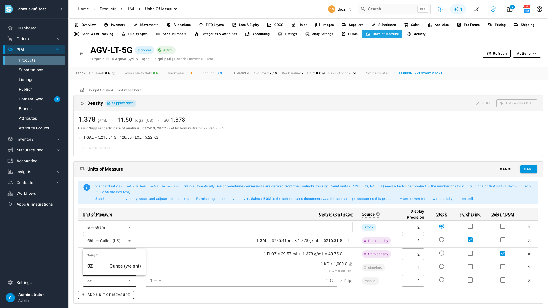 The unit picker filtered to "oz", showing Ounce (weight) filed under Weight
