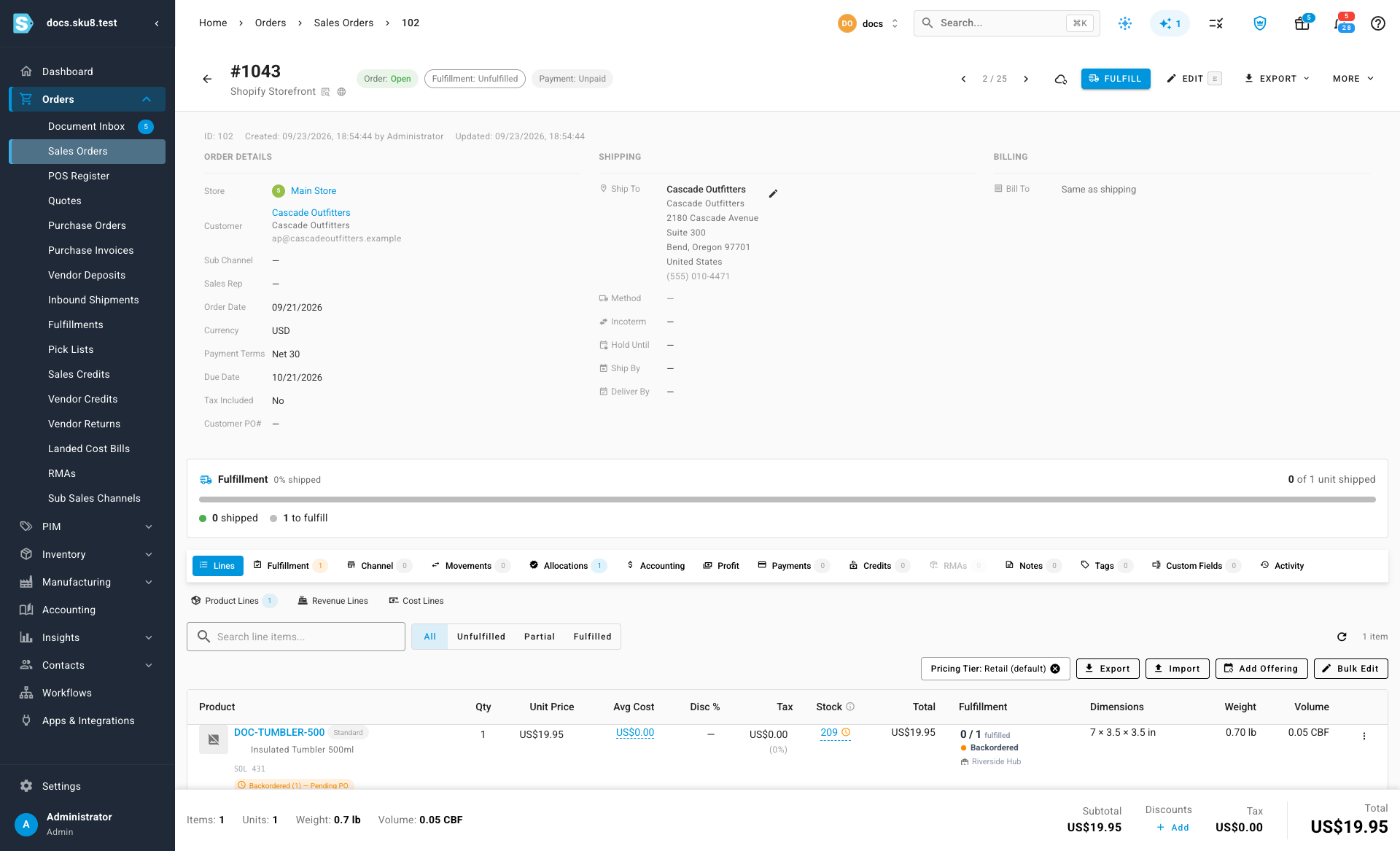 After unlocking, the line has moved to the warehouse its Shopify location maps to