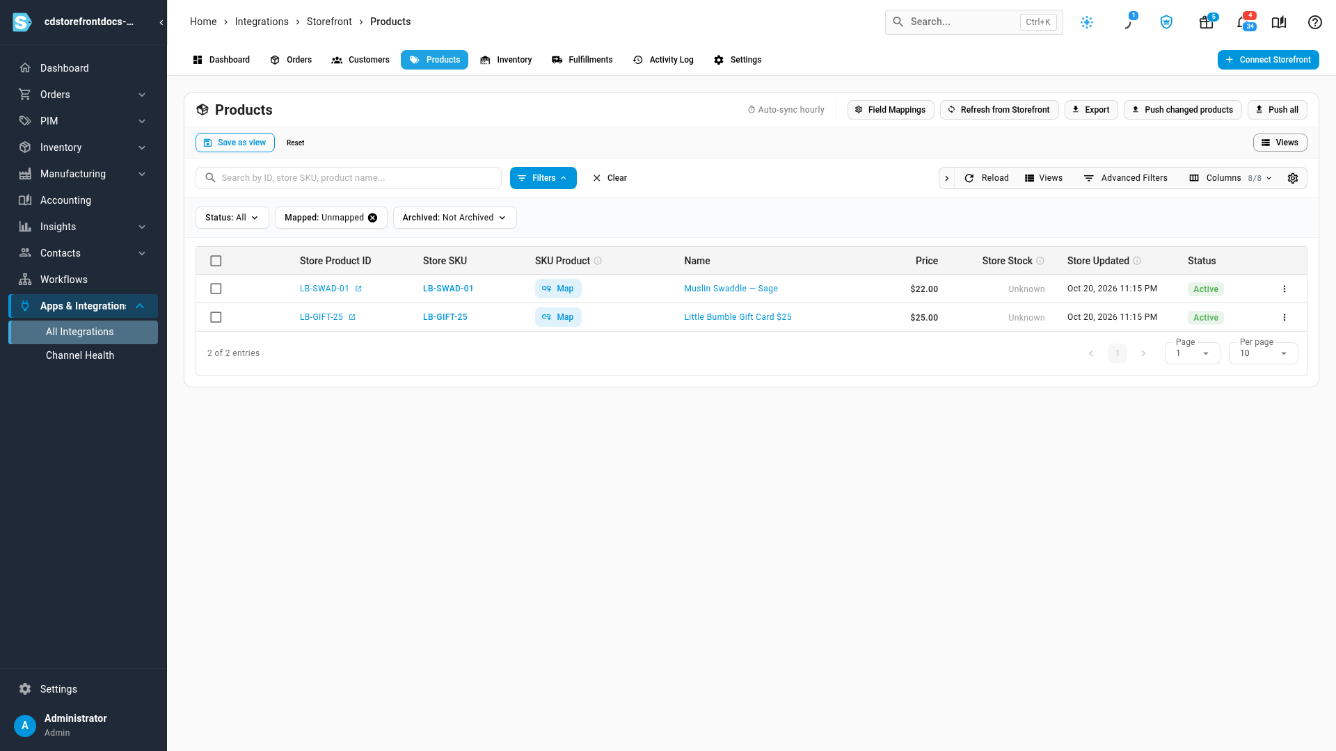 The Products tab filtered to unmapped products