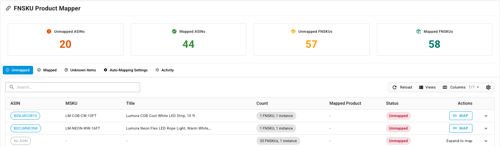 The FNSKU Product Mapper on its Unmapped tab