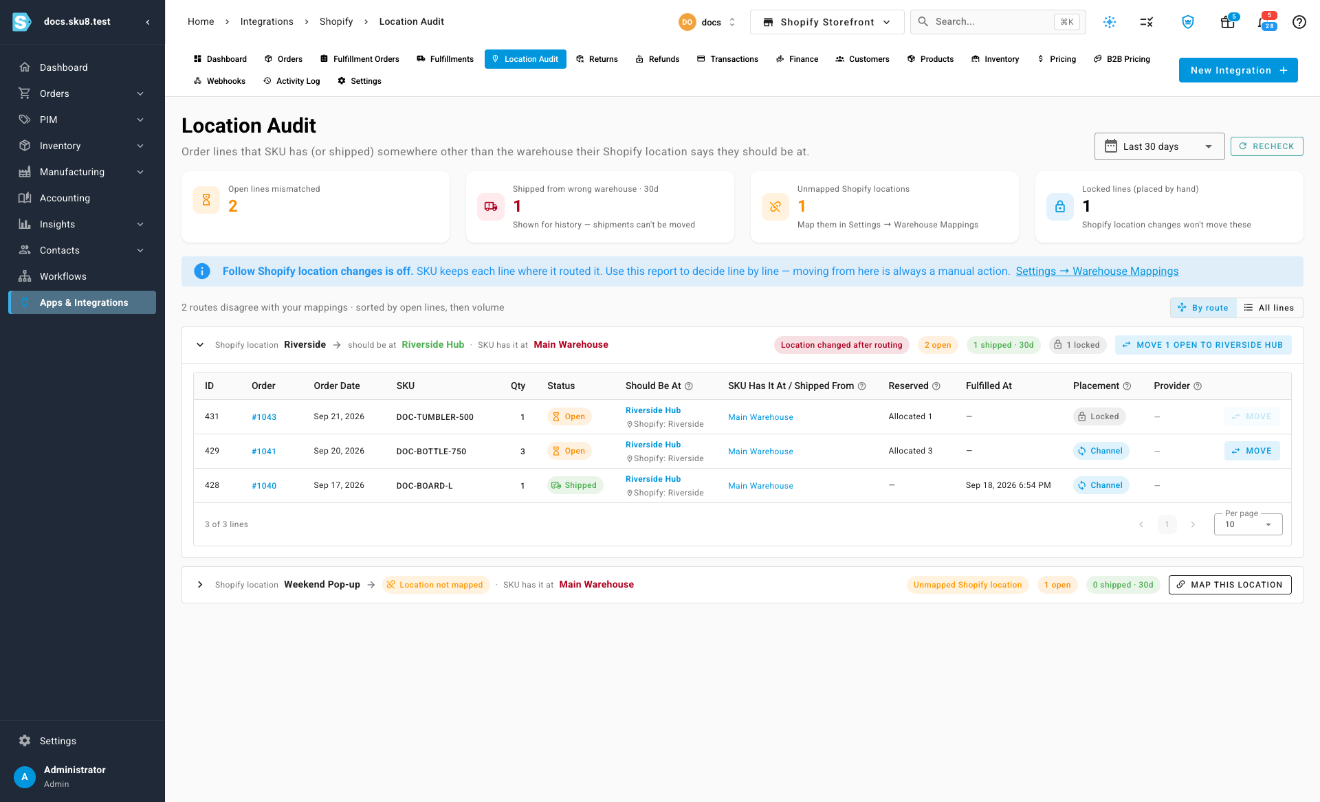 A route for a Shopify location with no warehouse mapped to it