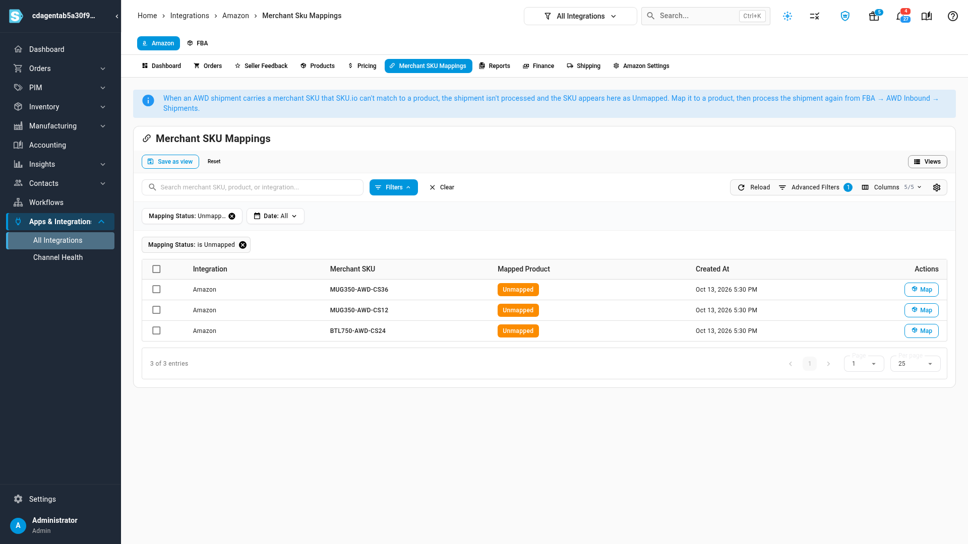 Merchant SKU Mappings filtered to the unmapped SKUs