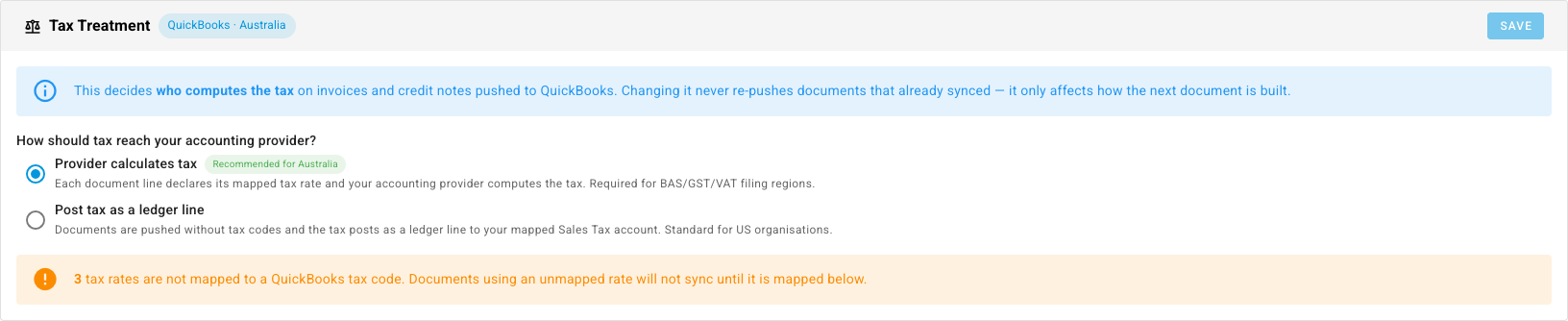 The unmapped-rates warning shown on the Tax Treatment panel