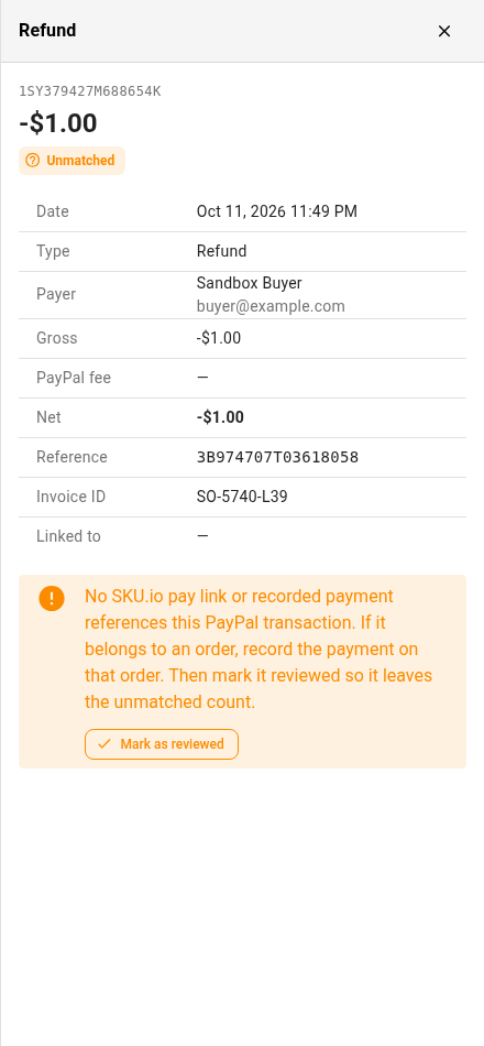 The details of an unmatched PayPal refund, with the note No SKU.io pay link or recorded payment references this PayPal transaction, and a Mark as reviewed button