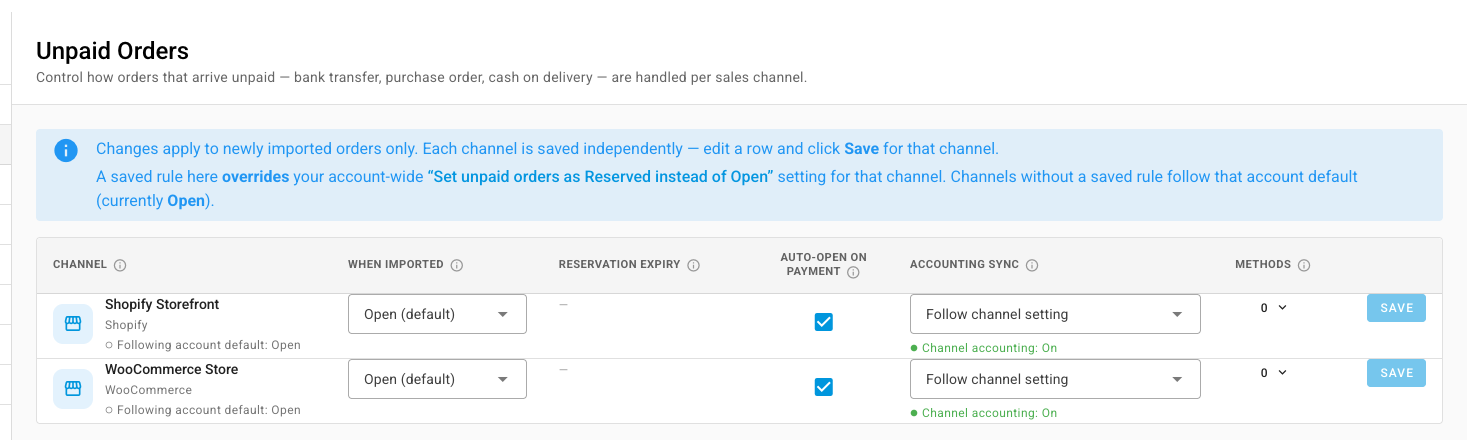 The Unpaid Orders page with a row for each connected store