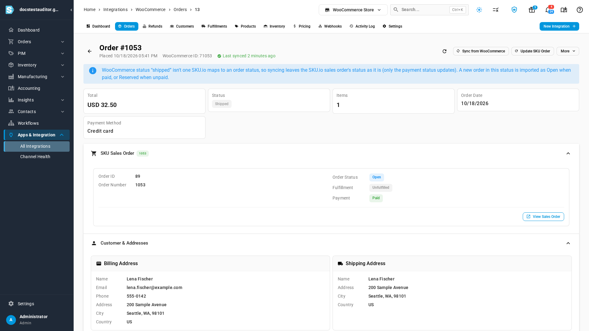The note on a WooCommerce order in a status SKU.io doesn't map