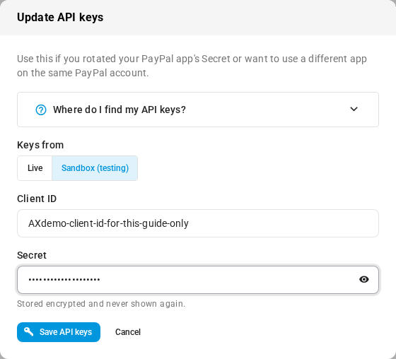 The Update API keys dialog with example values in the Client ID and Secret fields