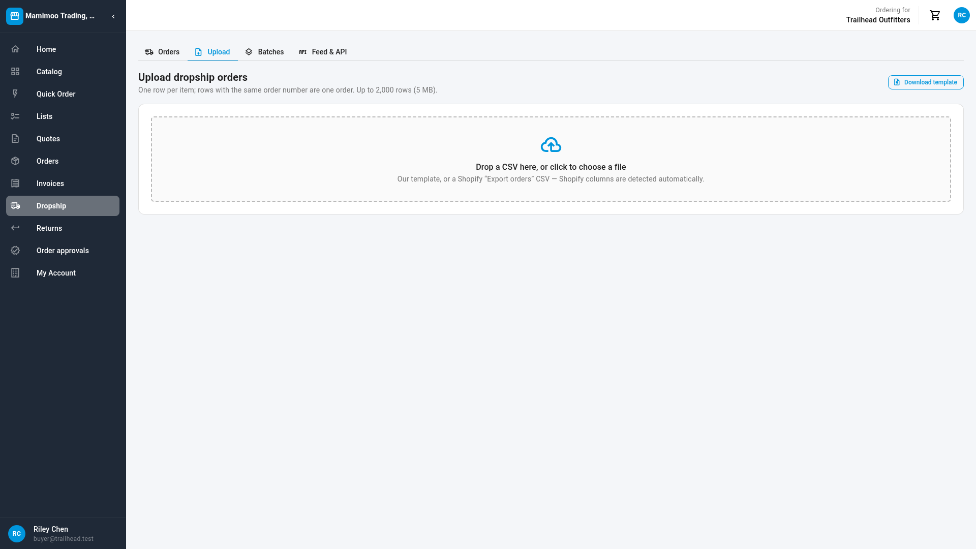 The Upload tab, with Download template and the drop zone