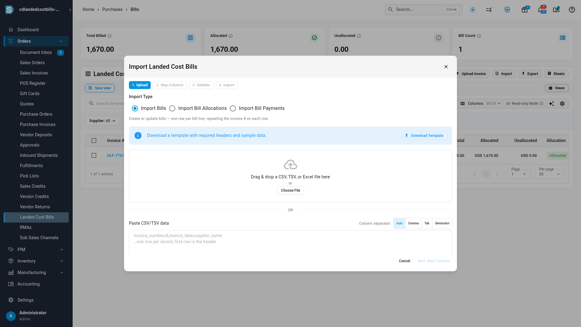 The Import Type choice and Download Template