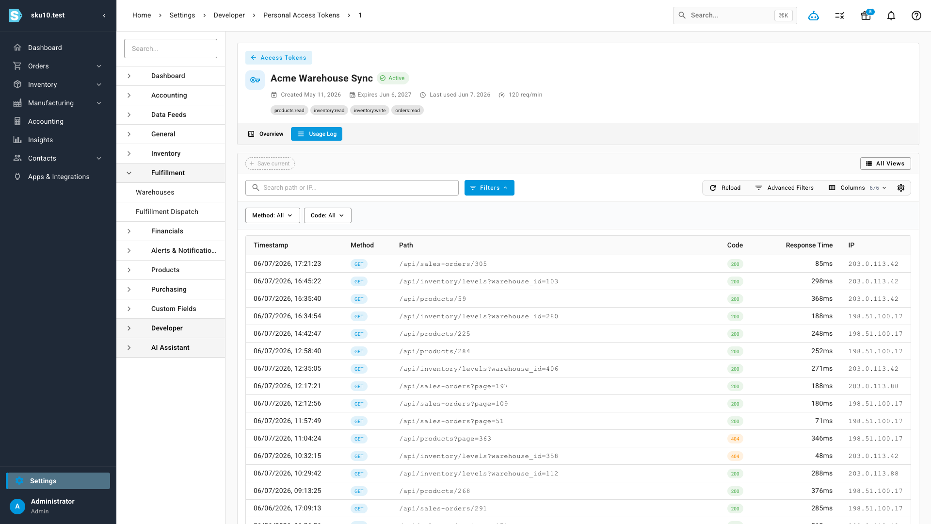 The Usage Log tab listing every API request with timestamp, method, path, status code, response time, and source IP