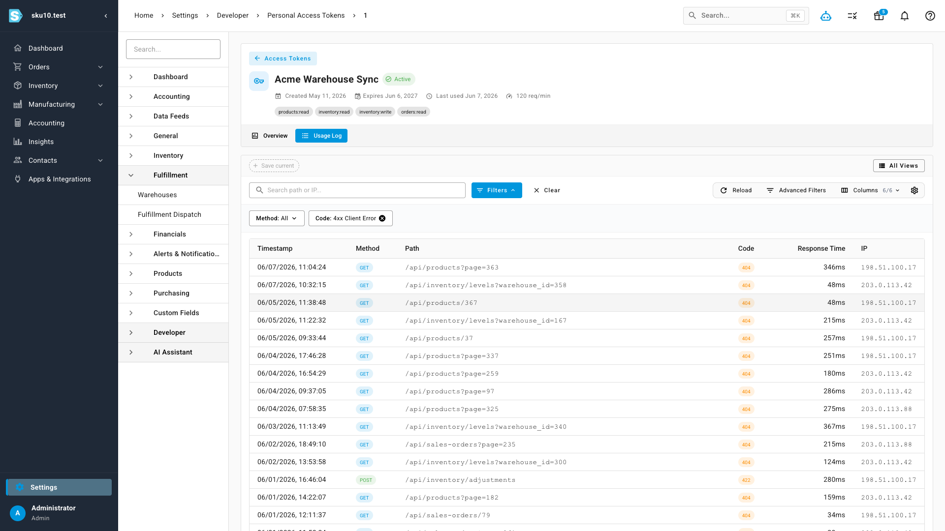 The usage log filtered to 4xx client errors, showing only the failed requests