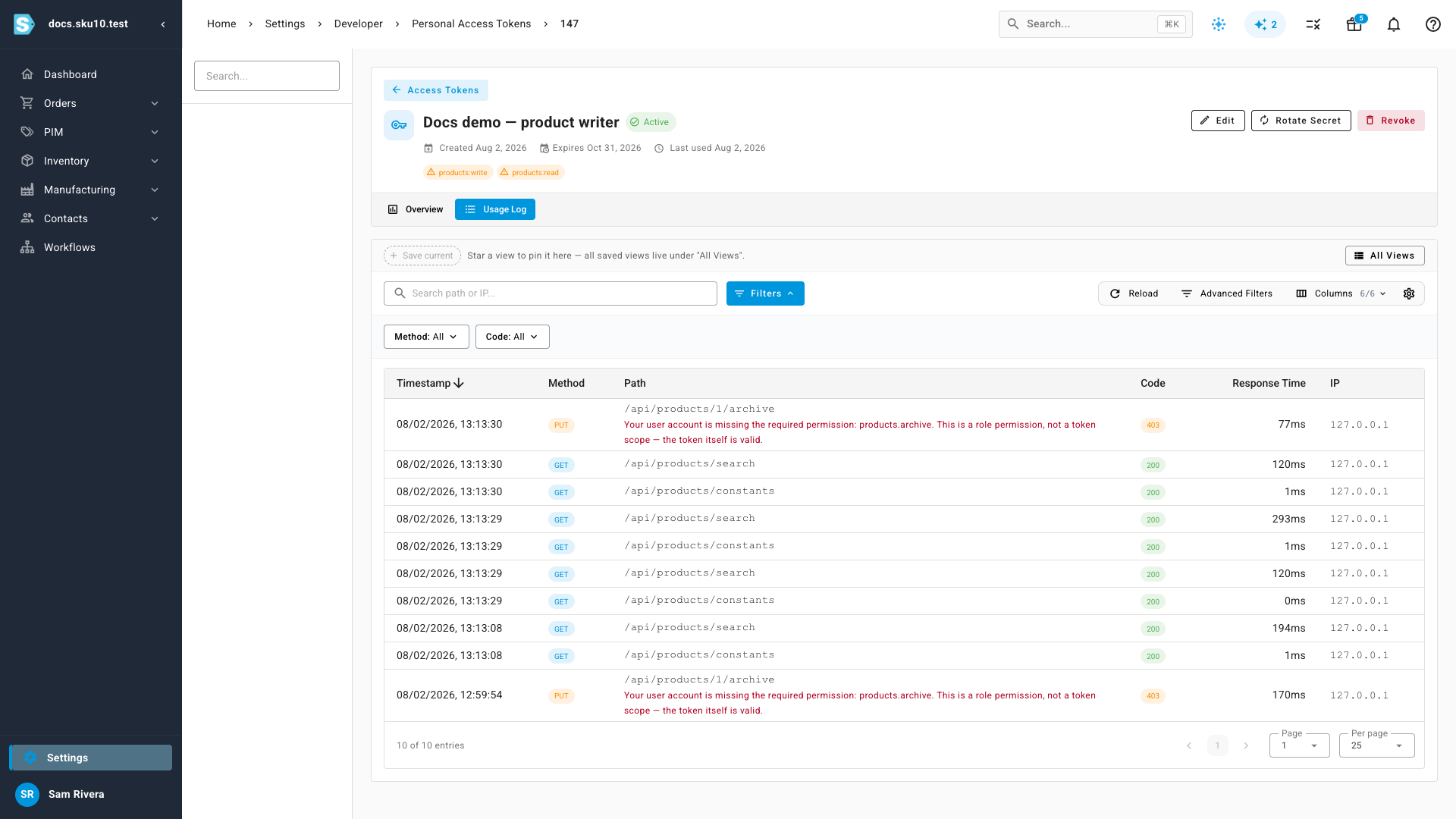 The Usage Log tab showing a 403 row whose message explains the failure is a role permission, not a token scope