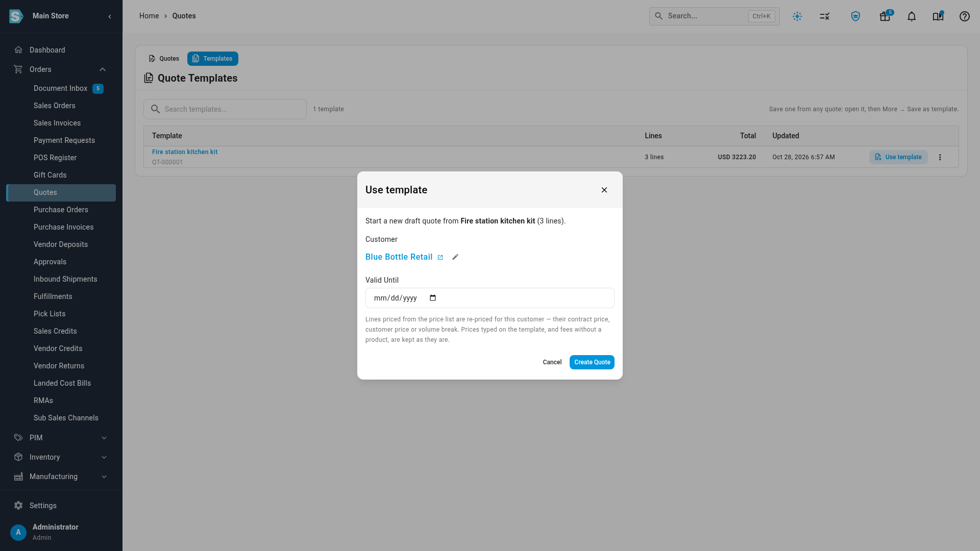 The Use template dialog with a customer picked, Valid Until left blank and the note on re-pricing