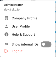 The user menu with the Show internal IDs switch above Logout