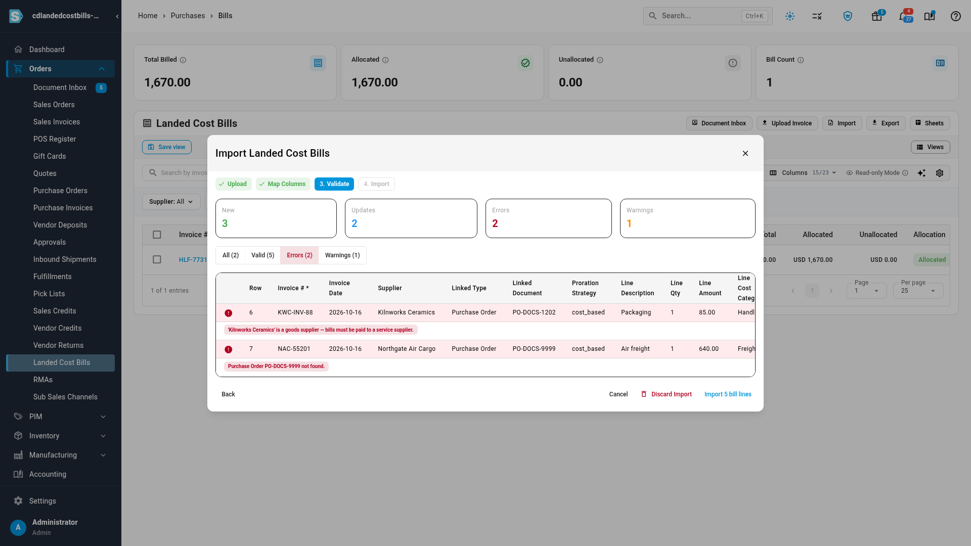 Validated rows, with errors on two bills