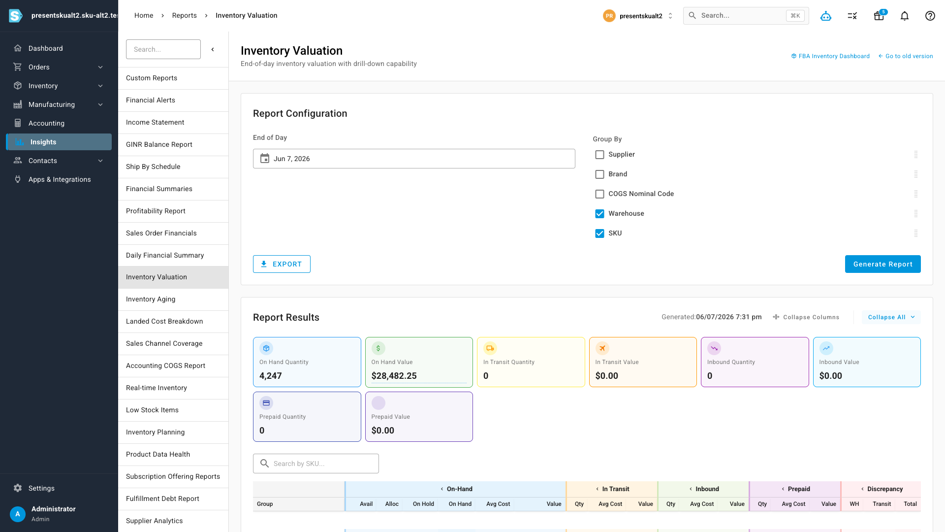 The Inventory Valuation report — on-hand quantity and on-hand value computed from the same FIFO source as every other screen