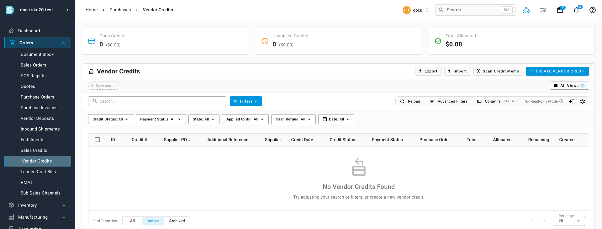 The Vendor Credits area — Open, Unapplied, and Allocated summary tiles, the Create Vendor Credit and Scan Credit Memo actions, and the credit columns