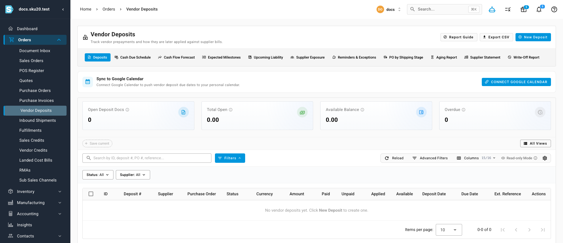 The Vendor Deposits area — prepayment tracking with summary tiles, reporting tabs (Cash Due Schedule, Aging, Supplier Statement), and the New Deposit action