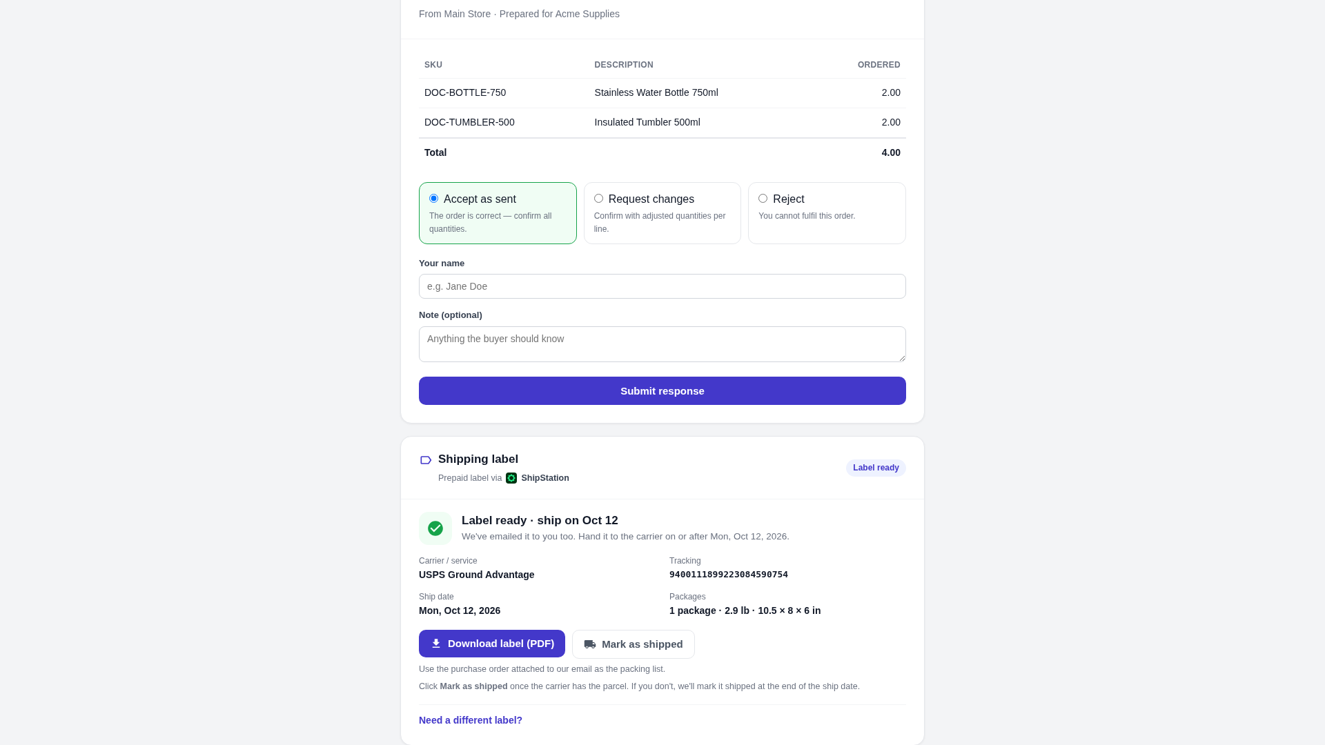 The vendor's order page showing Label ready, the carrier service, tracking number, Download label (PDF) and Mark as shipped