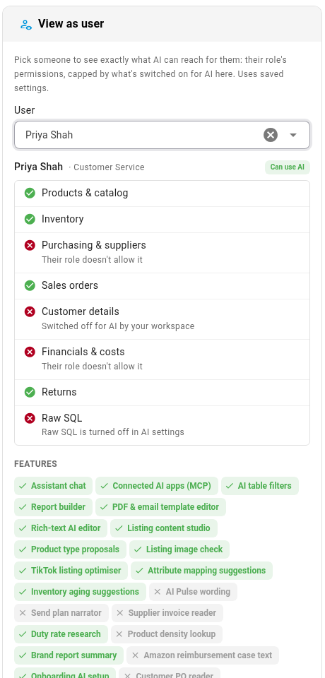 View as user for a teammate in Customer Service, with Customer details switched off by the workspace and Purchasing outside their role