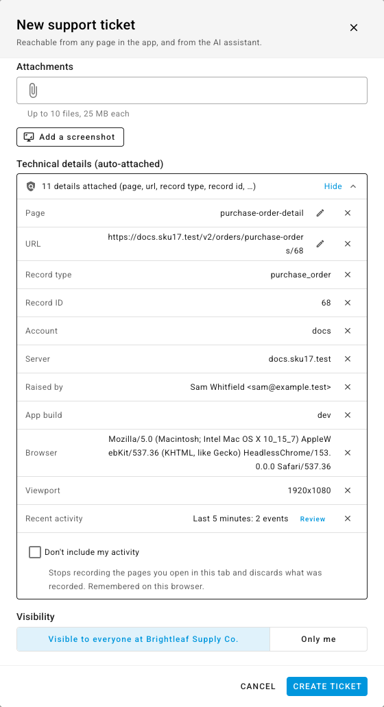 The auto-attached technical details expanded, each row with an edit and a remove control