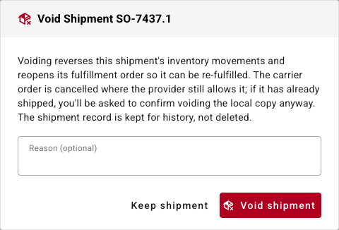 The Void Shipment dialog with its explanation, an optional reason field, and Keep shipment and Void shipment buttons