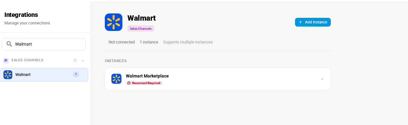 The Walmart entry under Apps & Integrations with the Add Instance button