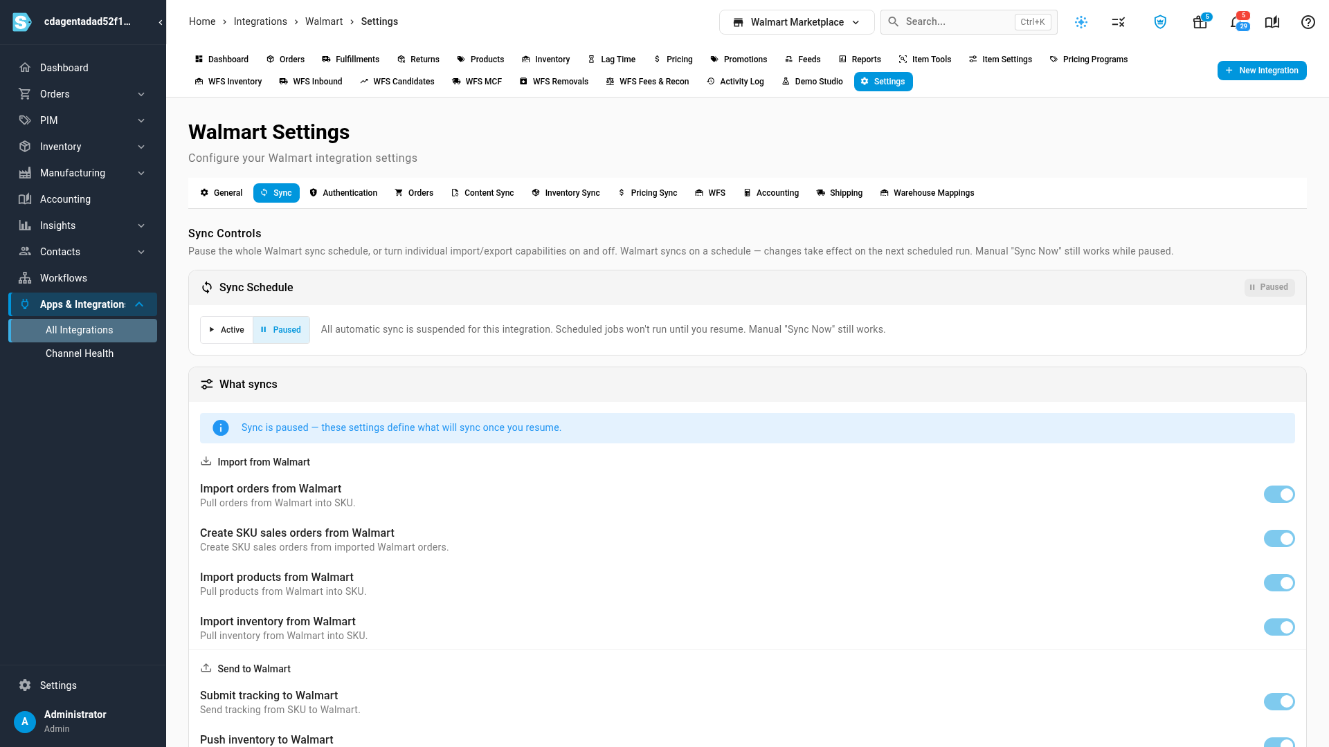 Walmart Settings → Sync with the Sync Schedule and the What syncs switches