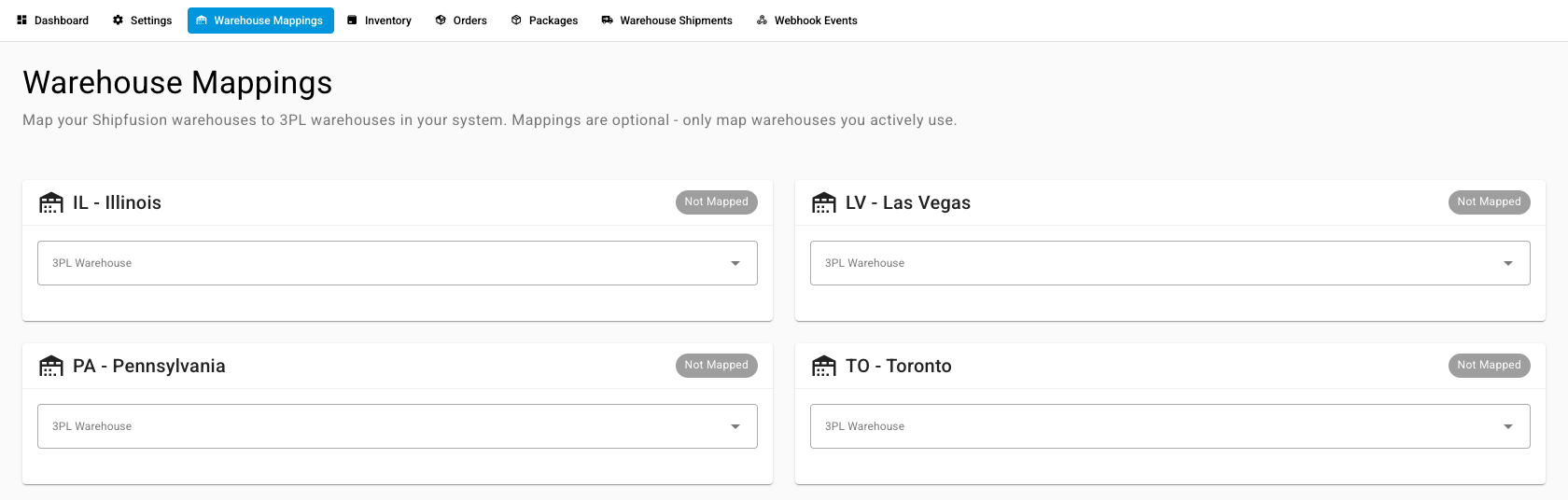 The Shipfusion Warehouse Mappings tab, with a 3PL Warehouse picker on each Shipfusion warehouse card