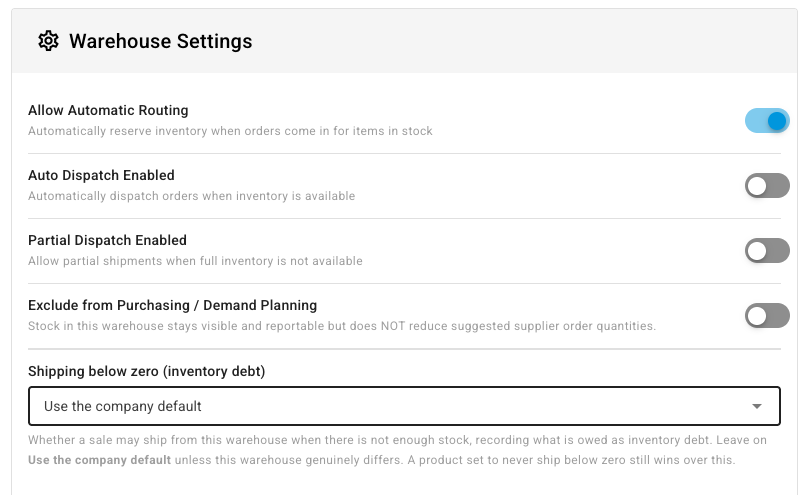 The Shipping below zero (inventory debt) field in the Warehouse Settings card