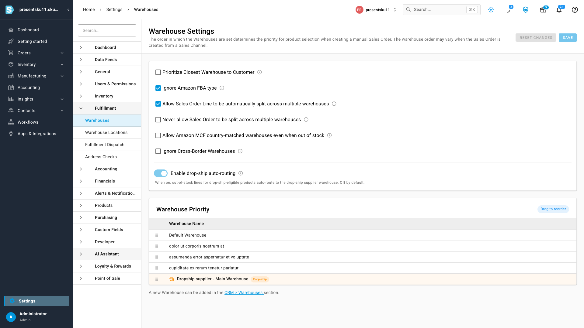 Warehouse settings with a drop-ship auto-routing toggle and the drop-ship supplier pinned in the warehouse priority list