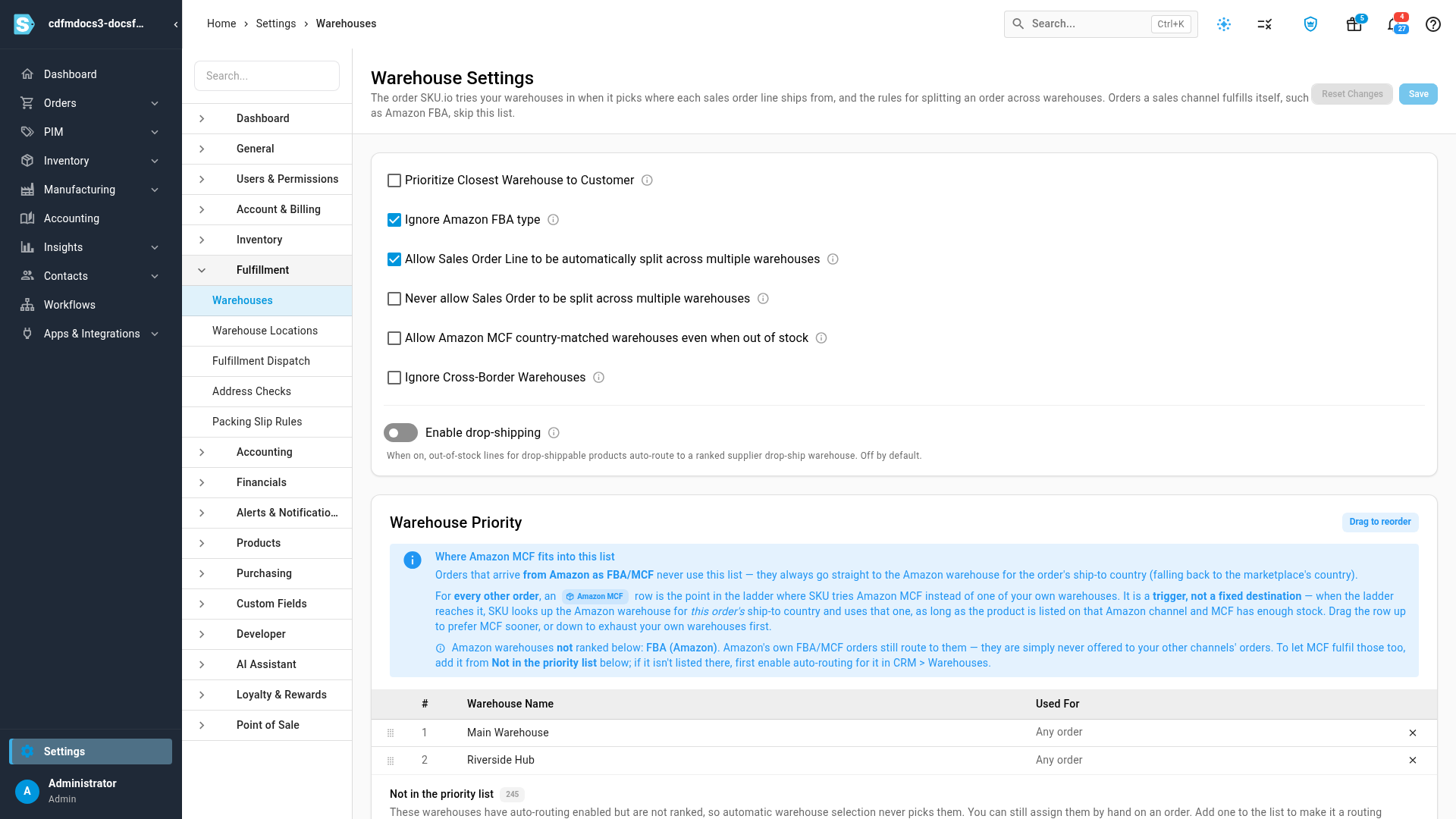 Warehouse Settings, with the routing settings at the top