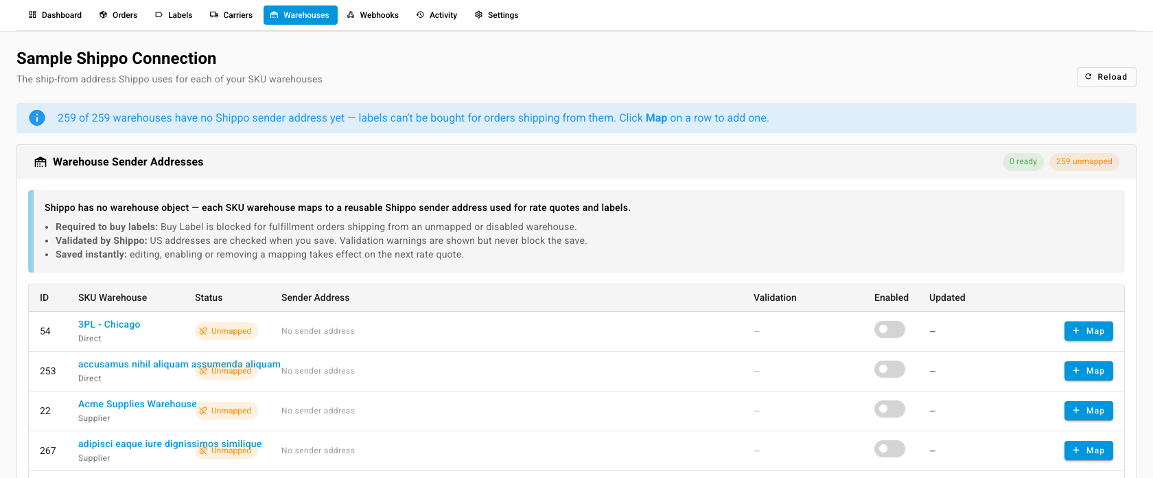 The Warehouses tab listing warehouses with no Shippo sender address and a Map button on each row