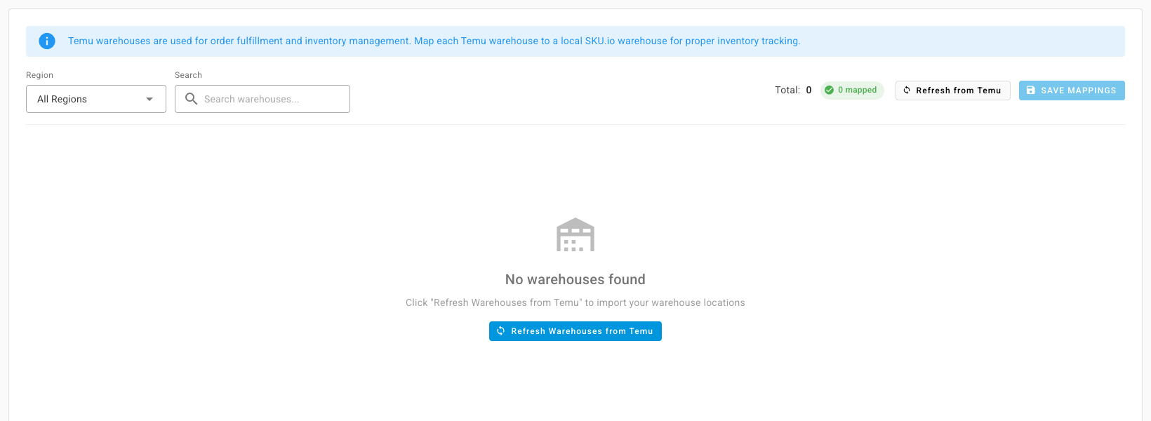 The Warehouses settings tab with Refresh Warehouses from Temu
